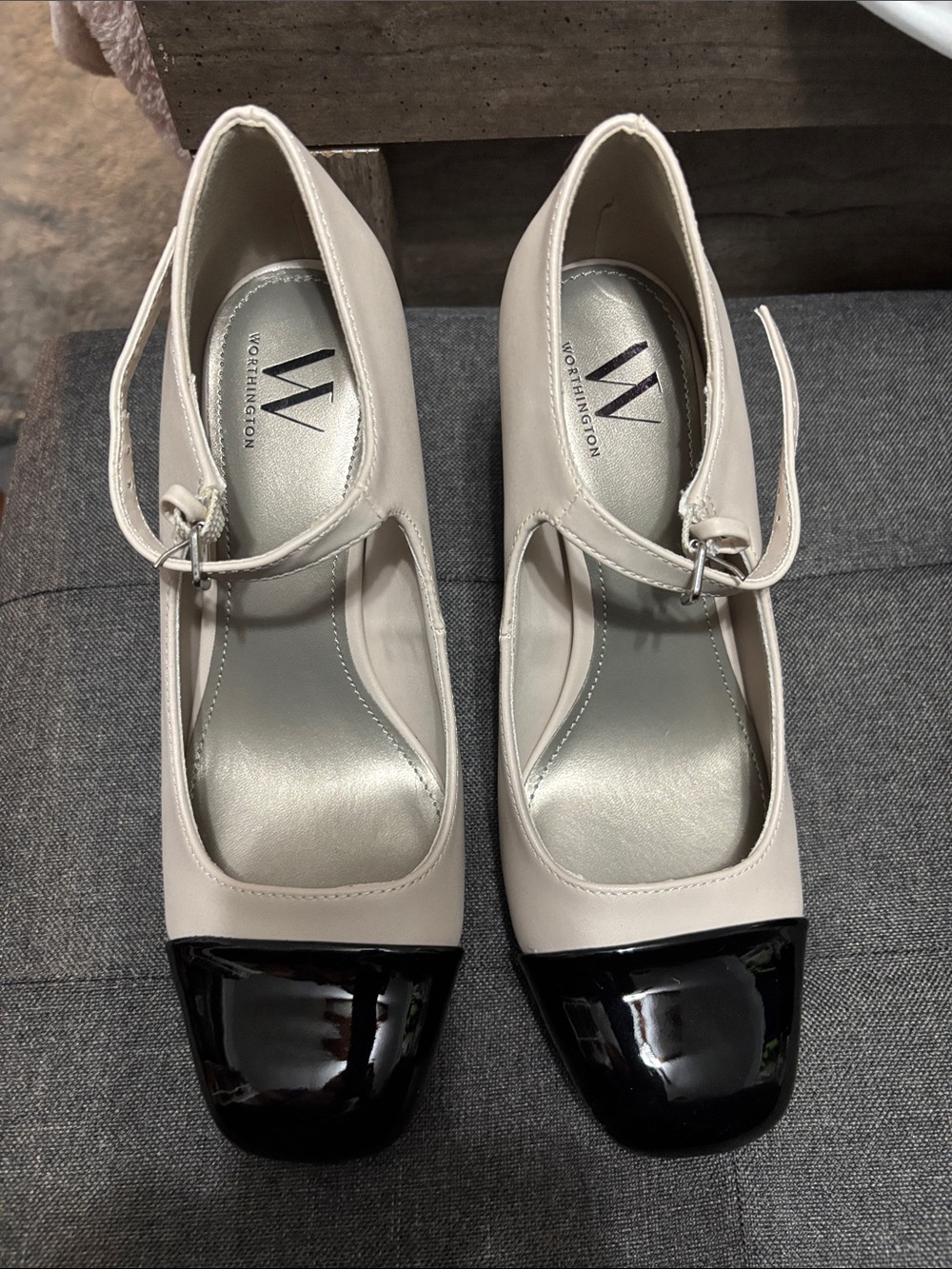 Worthington Cream and Black Mary Jane Block Heel Pumps